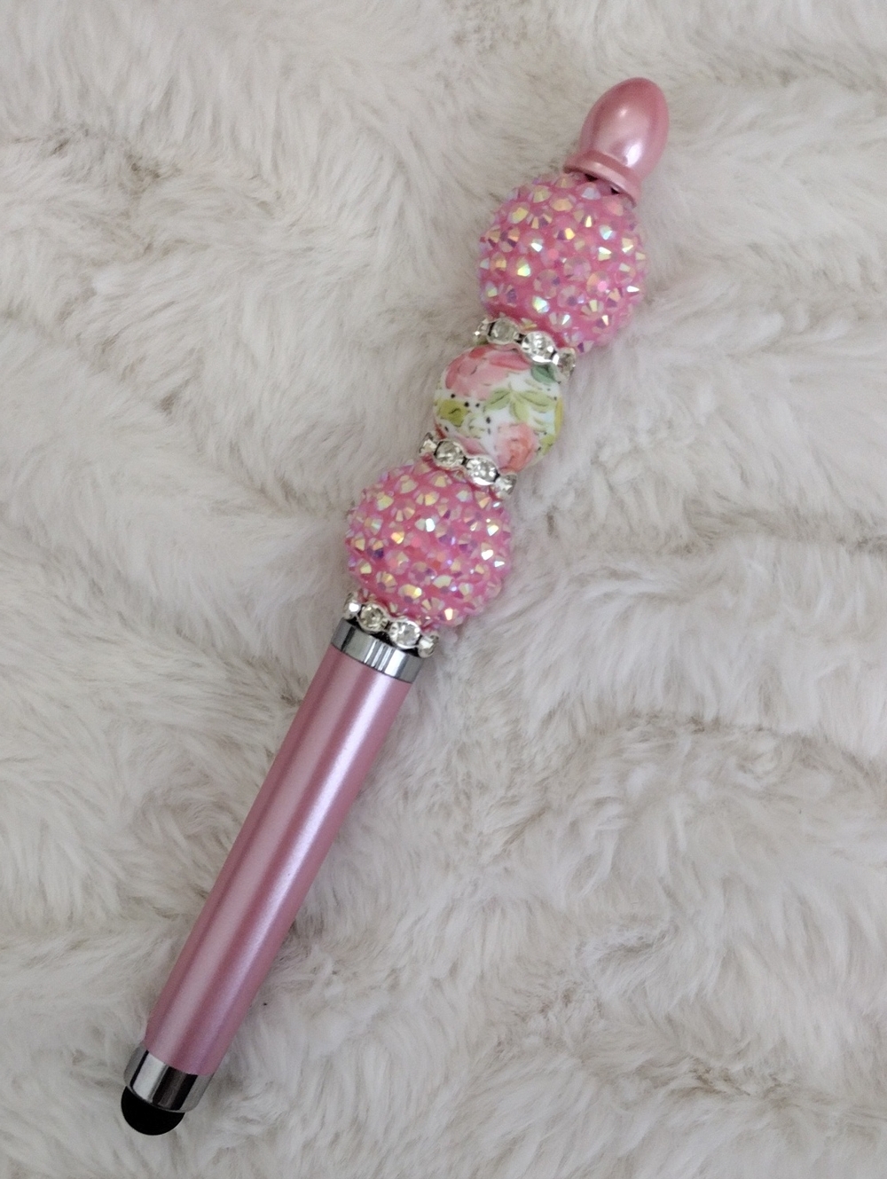 Pink Beaded Stylus & Pen with Floral Accent